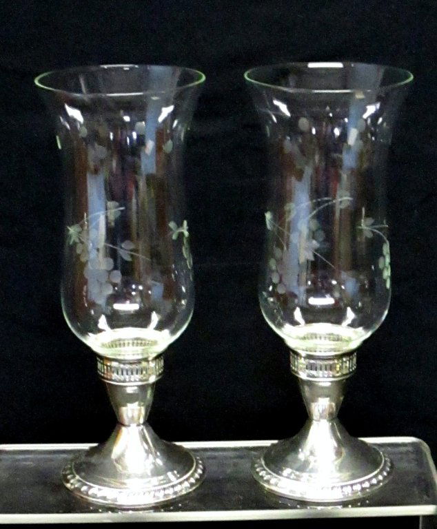 Sterling Candle Holders w/Etched Hurricane Globes : Lot 273