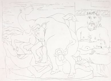 Pablo Picasso LE REPOS DU SCULPTEUR DEVANT DES CHEVAUX ET UN TAUREAU  Etching