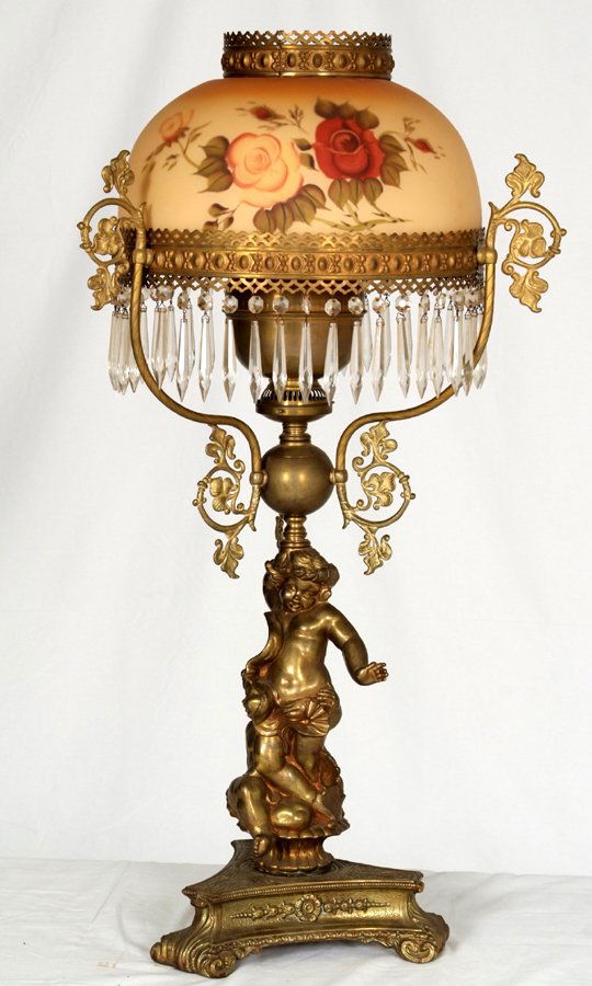 103 Antique Cherub Oil Lamp With Original Shade, Circa Lot 103