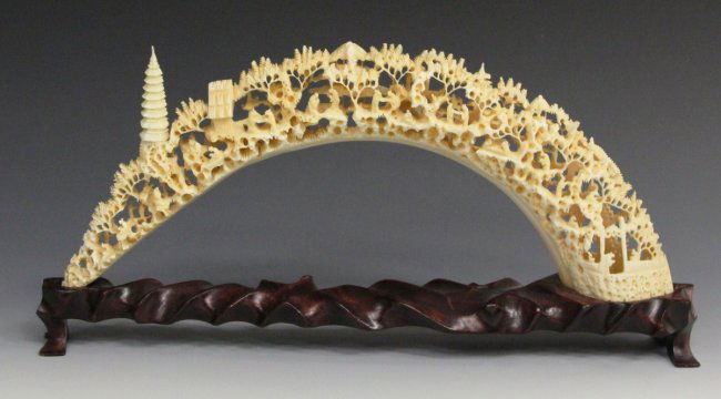 CARVED HIPPO IVORY TUSK OF VILLAGE SCENE : Lot 46504A