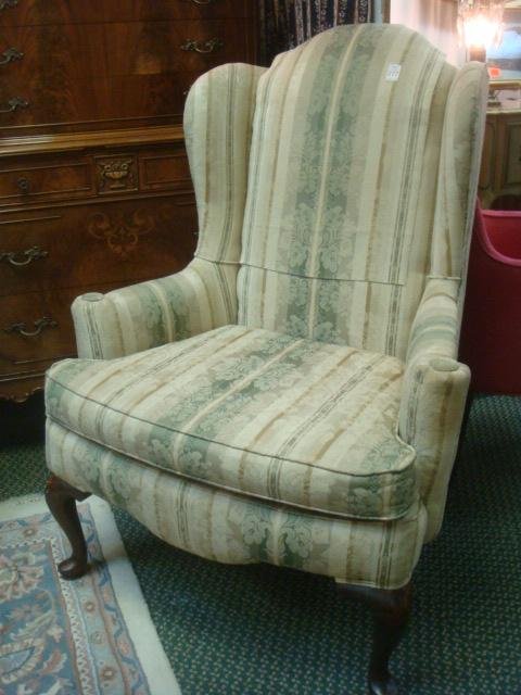 Queen Anne Style Striped Wing Back Chair: Curved Top : Lot 277