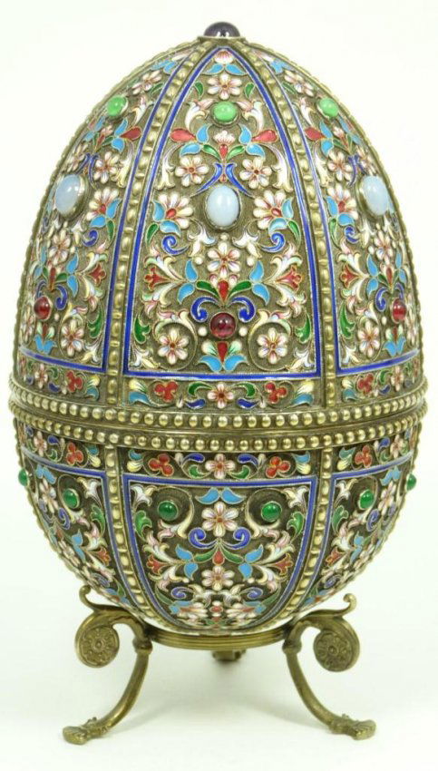 499: RUSSIAN SILVER & ENAMEL JEWELED EGG BOX : Lot 499