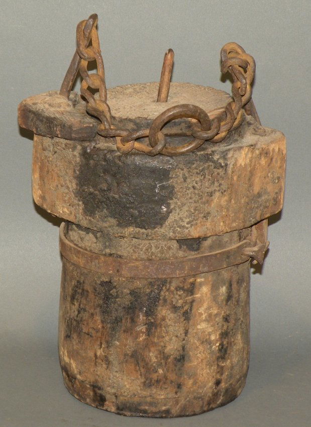 Wooden Conestoga wagon tar/grease bucket Lot 130