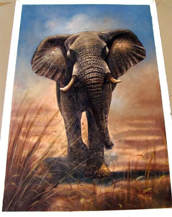 1292 African Bull Elephant Charging Oil Painting Lot 1292