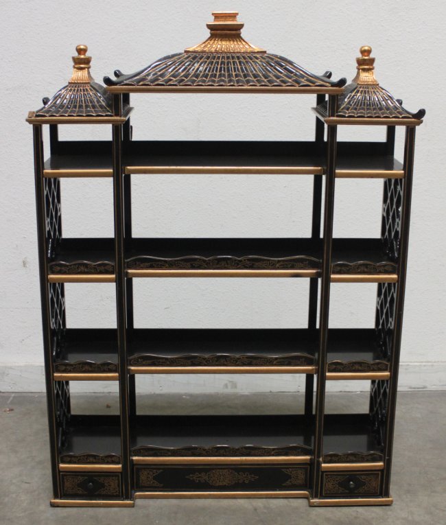 Wood Black lacquer Gilded Asian wall Curio shelf Lot 1101