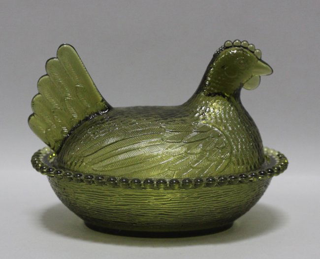 Vintage Green Depression Glass Chicken Hen On Nest Dish Lot 1702