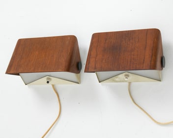 PAIR OF TEAK & ENAMELED STEEL WALL SCONCES