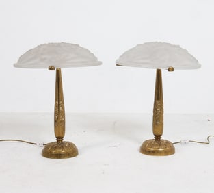 PAIR OF FRENCH ART DECO BRONZE & GLASS LAMPS