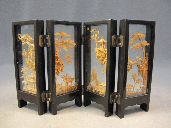 9: Chinese cork miniature folding screen : Lot 9