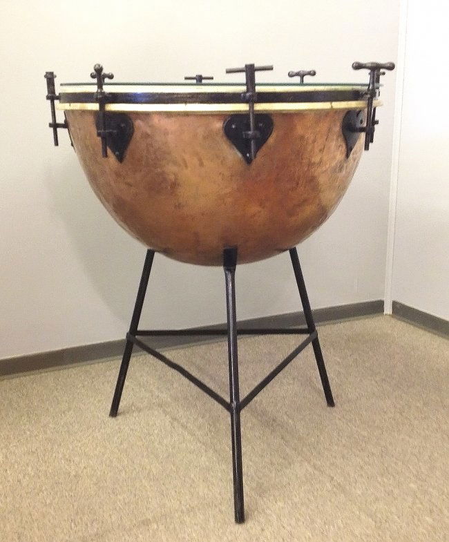 Vintage Copper Orchestra Kettle Drum, with stand and gl Lot 24
