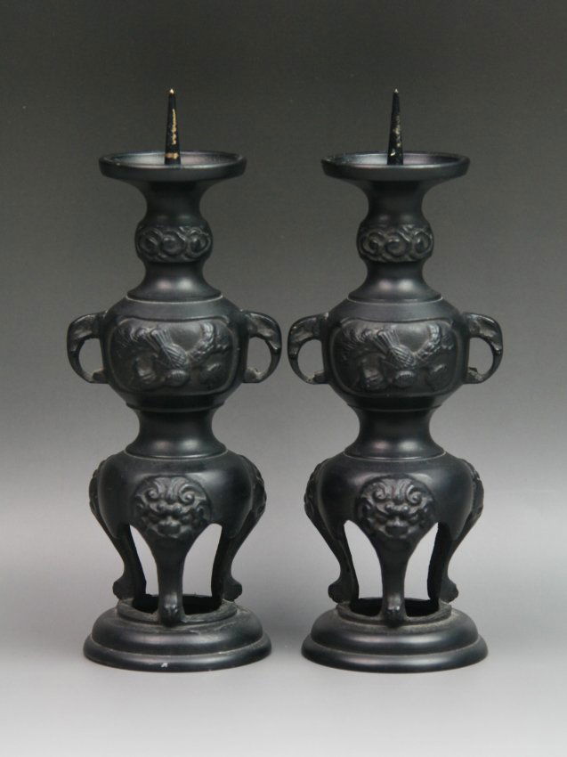8 Pair Vintage Japanese Bronze Candle Holders Lot 8