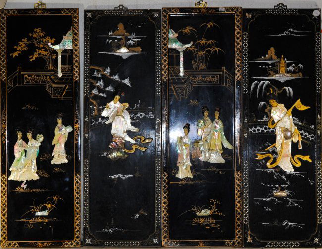 138 Four vintage Japanese shell art plaques Lot 138