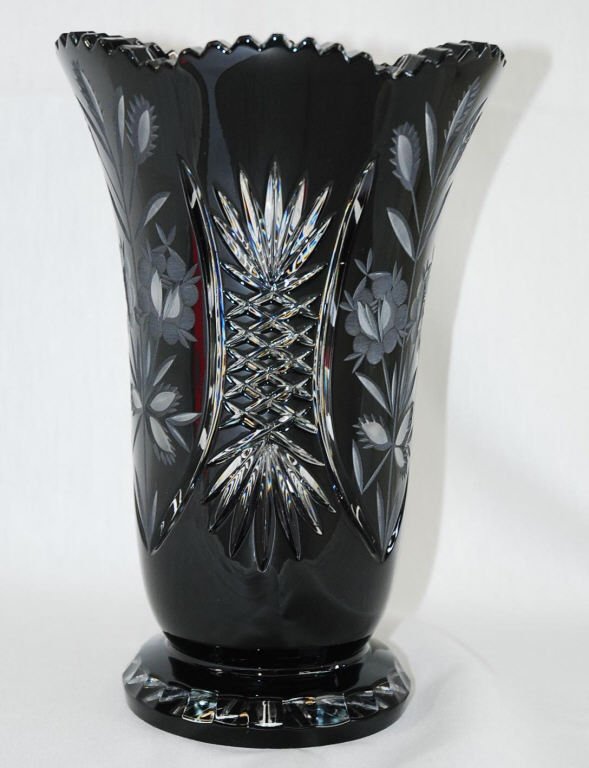 Bohemia Czech Hand Cut Black Crystal Vase 10