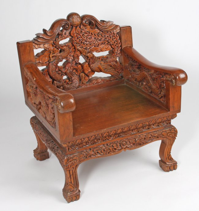 PAIR CHINESE CARVED WOOD 'DRAGON THRONE' CHAIRS : Lot 458