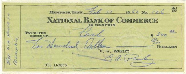 102: Elvis Presley Signed Personal Check : Lot 102