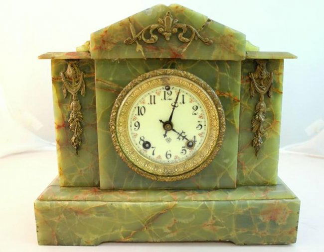 75 Antique Ansonia green marble mantle clock Lot 75