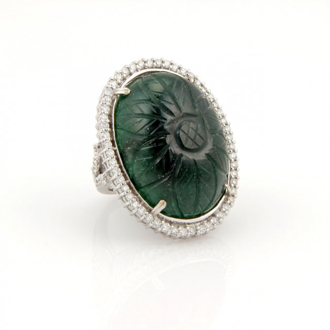 Estate 18K White Gold 82ct Carved Jade & Diamond