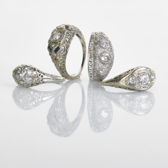 PLATINUM OR 18K WHITE GOLD DIAMOND FILIGREE RINGS