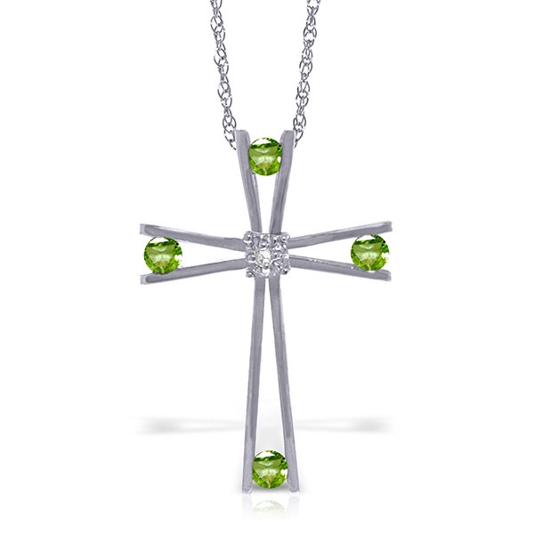 14K White Gold .40ct Peridot  Diamond Cross Necklace