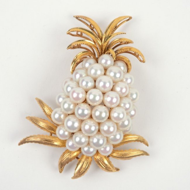 exquisite vintage 14k gold & cultured pearl pineapple brooch Circa