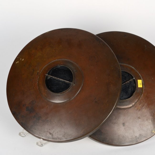 Pair fine signed antique Japanese bronze mixed metals dishes plates