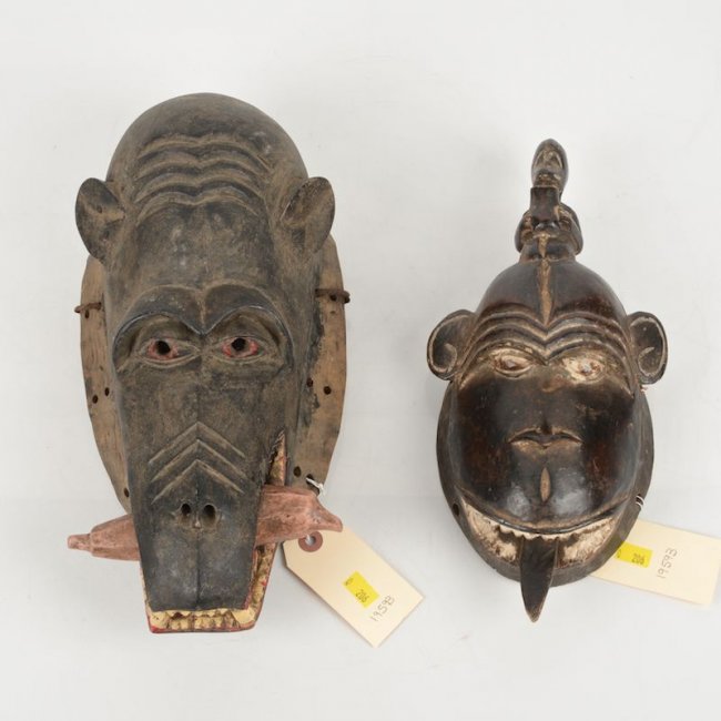 (2) African tribal carved, painted wood monkey masks : Lot 110