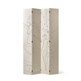 An Art Deco Brass-Inlaid and Painted Wood Four-Panel Screen from an Ocean Liner
