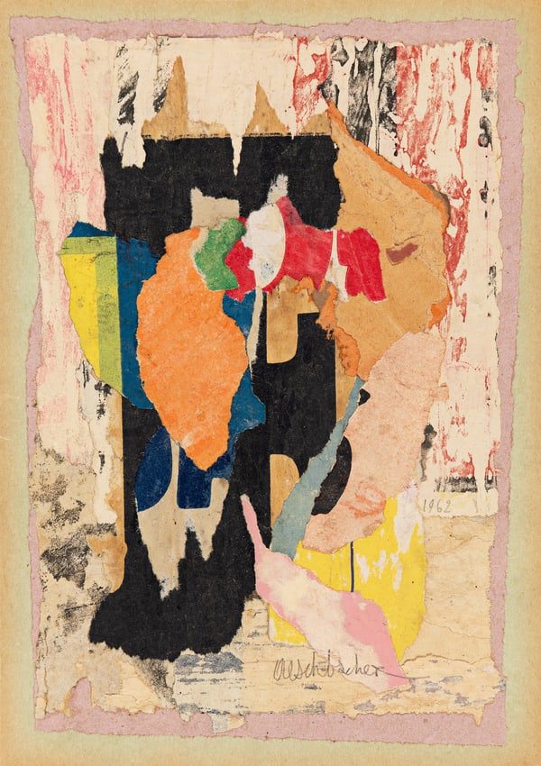 Arthur Aeschbacher, Juxtapose - d'Appoximation, Mixed paper collage on green craft paper, 1962.
