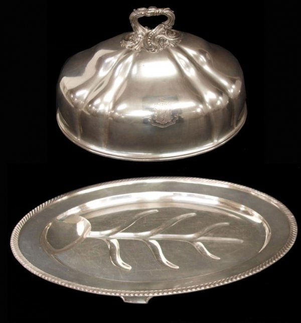 LARGE ANTIQUE SILVER PLATE MEAT DOME & PLATTER Lot 2