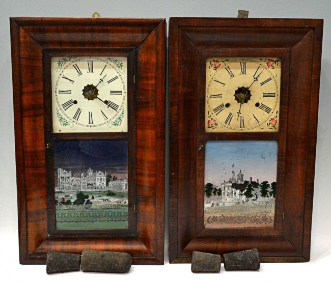 342 ANTIQUE AMERICAN OGEE REVERSE PAINTED WALL CLOCKS Lot 342