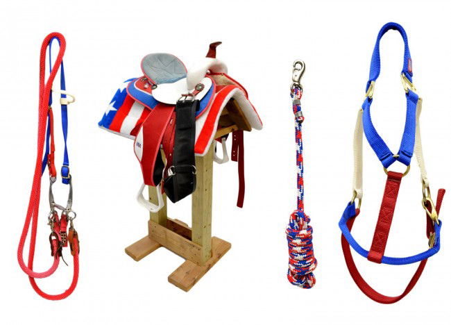 231: WESTERN HORSE SADDLE, RED, WHITE, BLUE, TACK : Lot 231