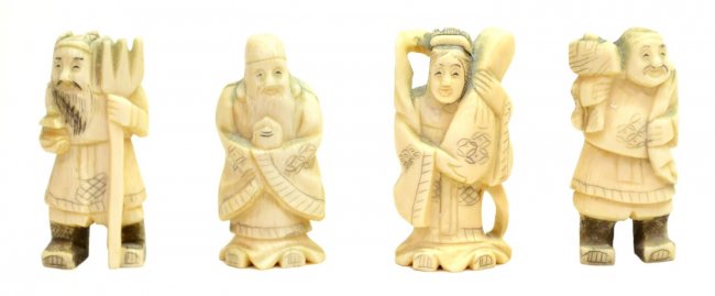 (7) MINIATURE JAPANESE IVORY CARVINGS, SEVEN GODS : Lot 963