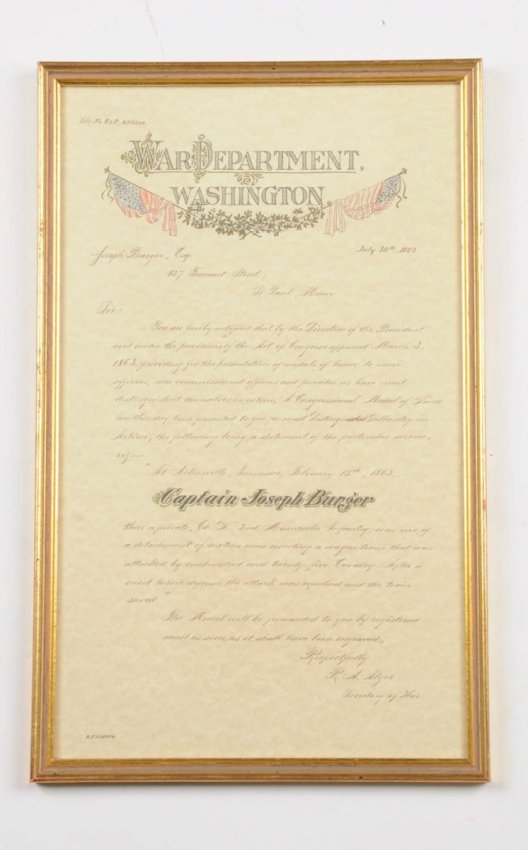 Civil War Medal of Honor Citation Copy. Lot 1251