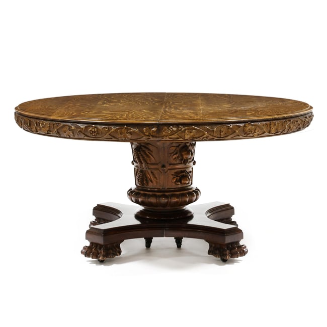 Frank E. Rosen & Co., Carved Oak Pedestal Extending Dining Table