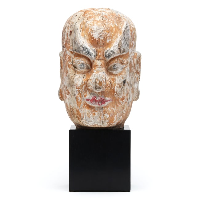 A Chinese Large Carved Wood Head of Buddhist Guardian