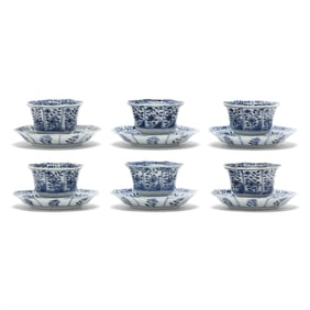 A Set of Six Chinese Kangxi Blue and White Octagonal Tea Cups and Saucers
