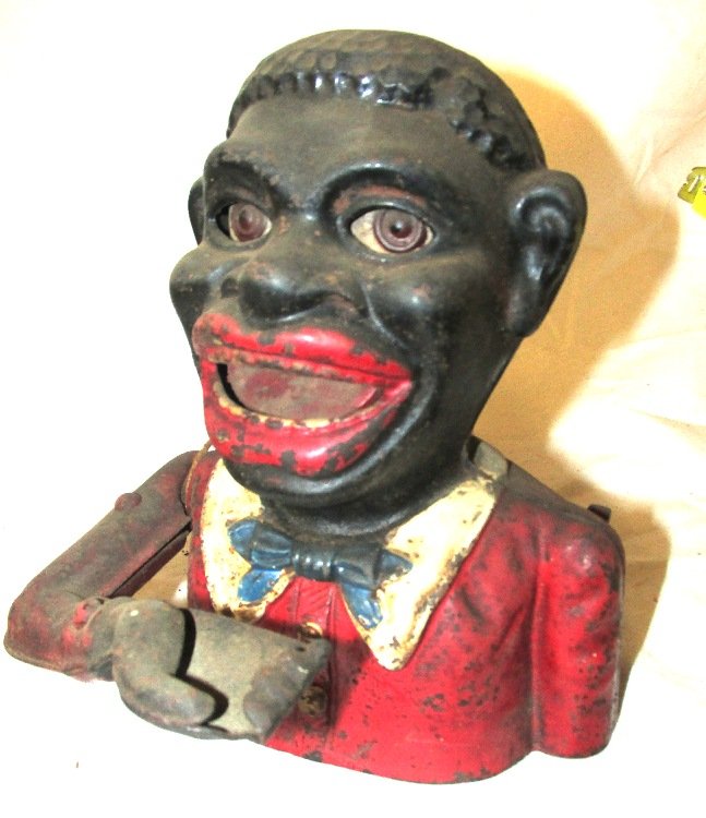 Antique Cast Iron Mechanical Jolly Nigger Bank Painted : Lot 1066