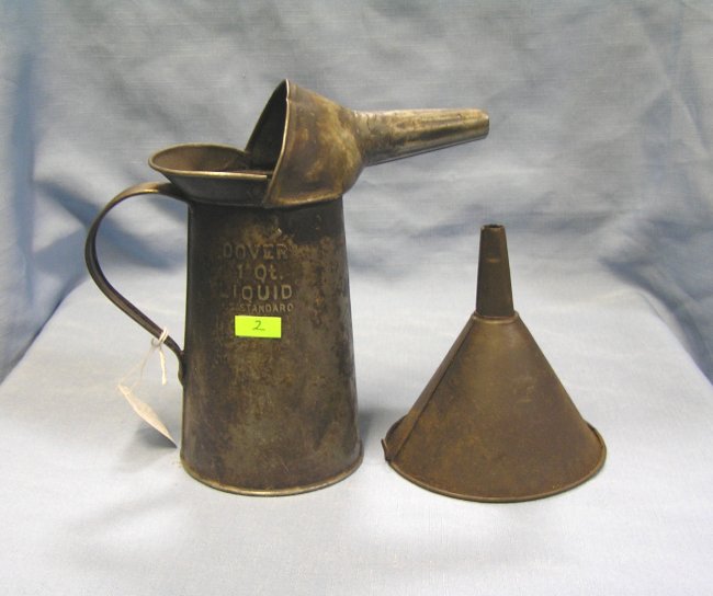 Antique one quart automotive oil can and funnel Lot 2