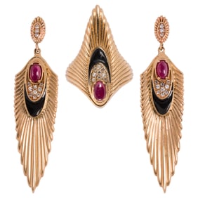 An Erte ruby, diamond and 14k gold Rayonnement ring and earring set