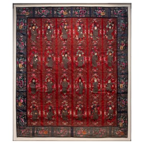 A large Chinese embroidered silk red-ground Daoist tapestry