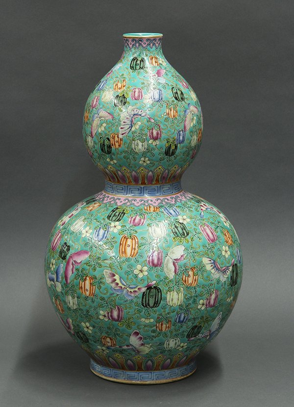 Chinese Double Gourd Vase, Melons/Butterflies : Lot 8051