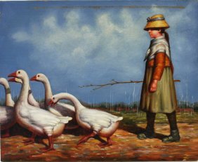 A W. Hampton Painting Of Girl With Geese : Lot 183