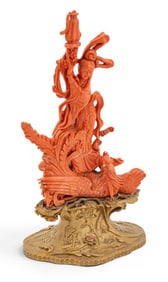 Chinese Coral Carving GuanYin Immortal 1900, H 13.5