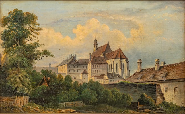 European Oil on Canvas, 1888, 'The Ursuline Monastery in Sibiu, Romania', H 8.75
