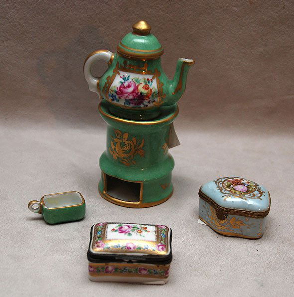 111 Miniature Limoges teapot on stand and 2 porcelain Lot 111