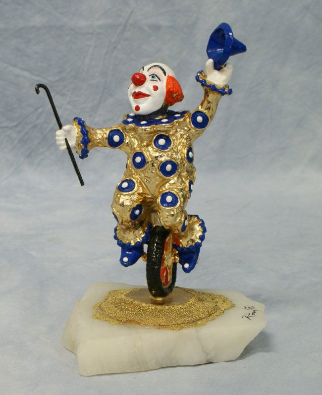 8076 Ron Lee metal clown on unicycle figurine on stone Lot 8076