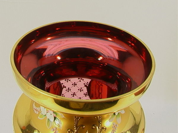 332 Large Red Bohemian Glass Vase W Gold Trim And Floral Lot 332