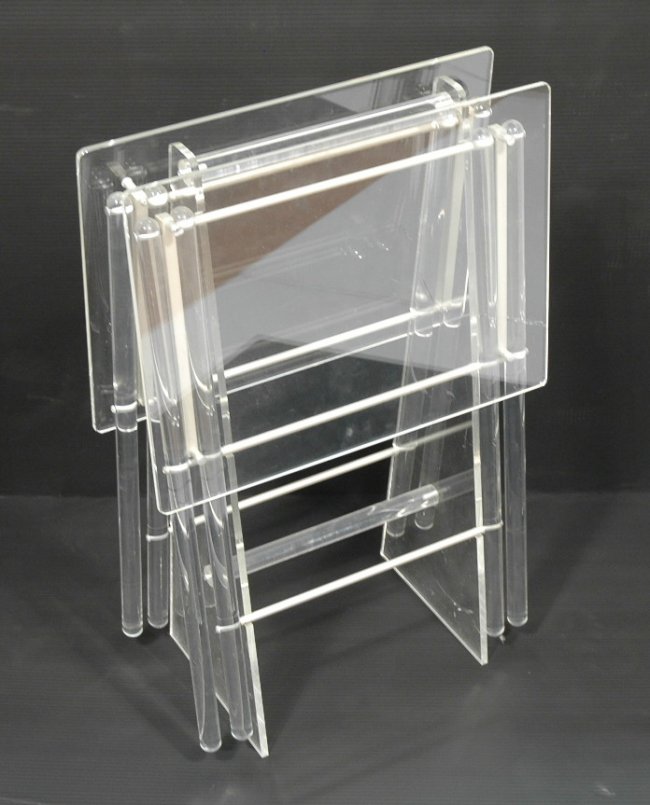 Lucite Set TV Trays on storage stand. Two folding Lot 222