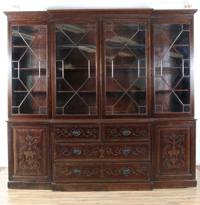 George III Inlaid Mahogany Breakfront Bookcase 18C