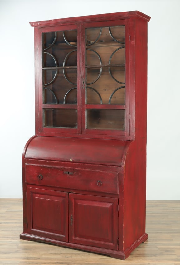 Country Red Painted Cylinder Bureau Bookcase